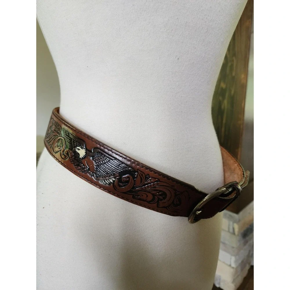Vintage Mens Brown Tooled Leather Western Belt Eagle Floral Scroll Silver Buckle